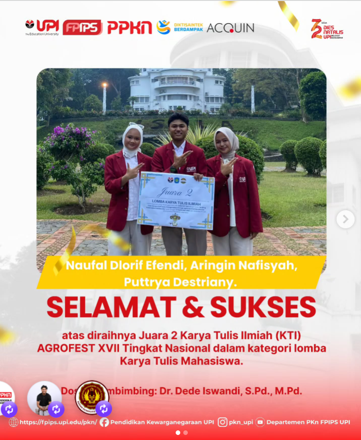 Tim Mahasiswa PKn UPI Raih Juara 2 Karya Tulis Ilmiah Tingkat Nasional pada AGROFEST XVII